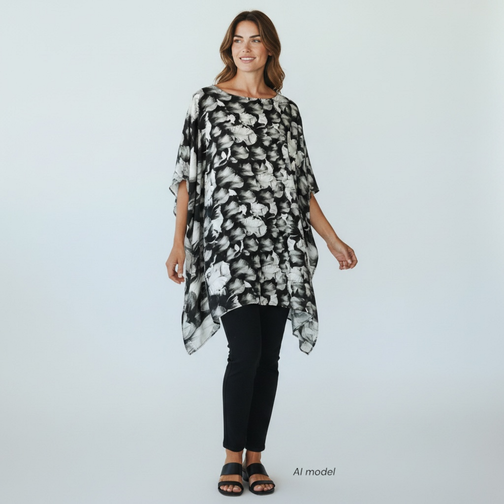 Bryn Walker Shirt Womens Large Black Rose Petal Graphic Flowy Art to Wear Tunic